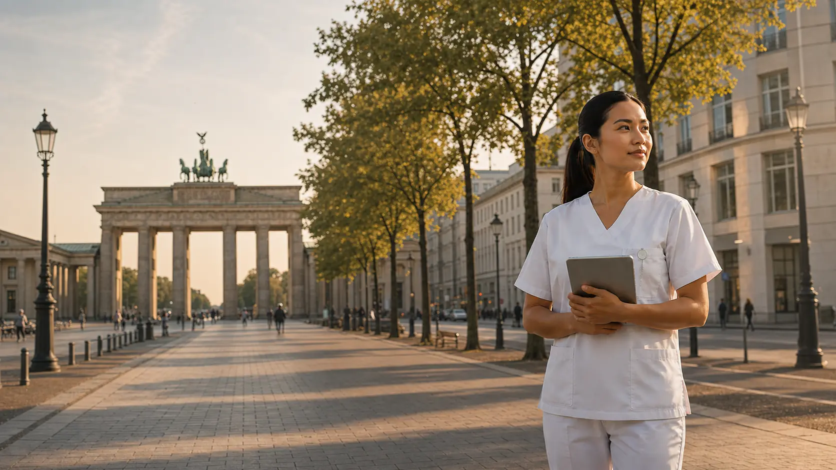 Healthcare professional in a European city
